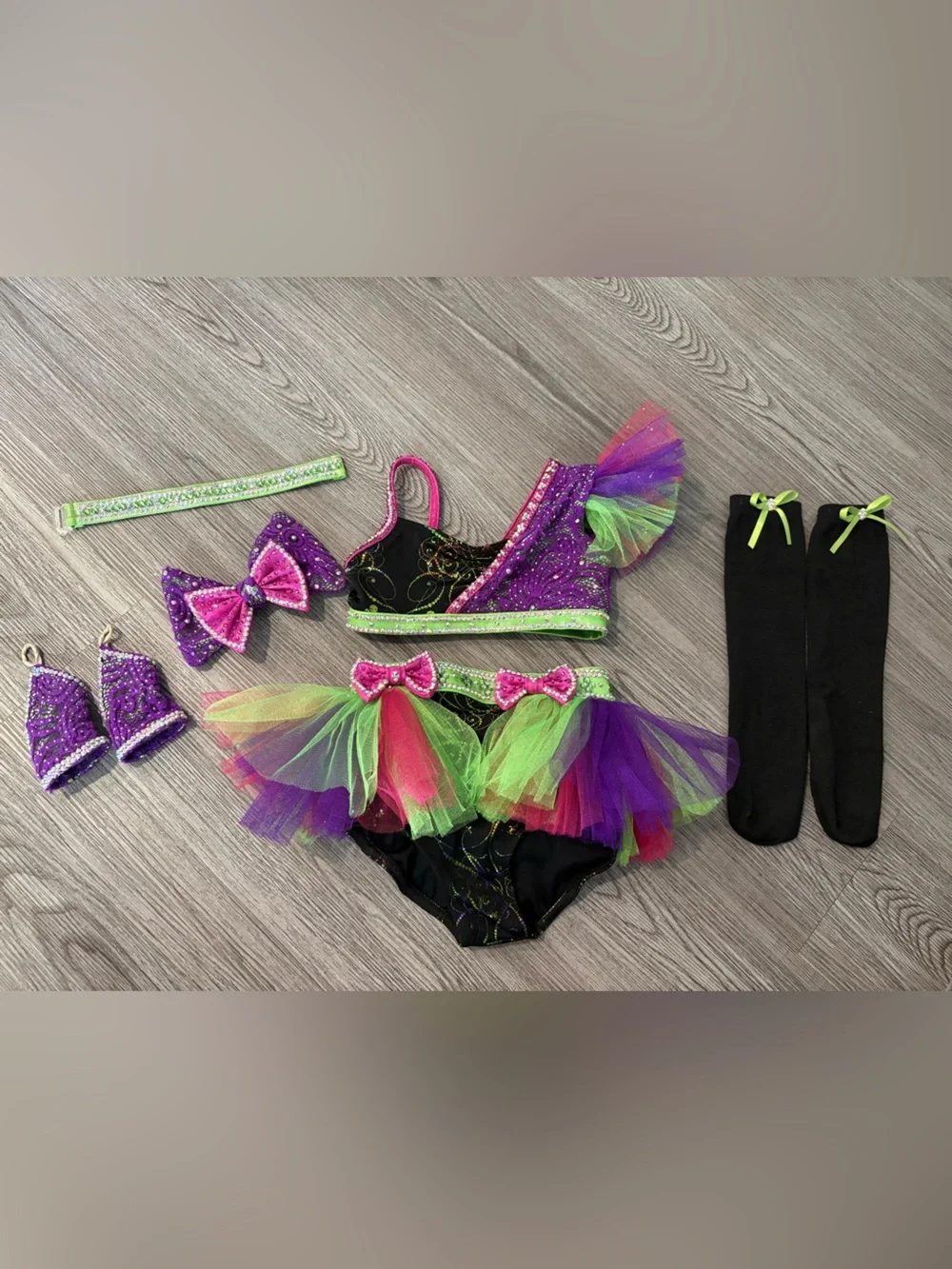 Girls Neon Tutu Dance Costume Set - Purple & Multi-Color